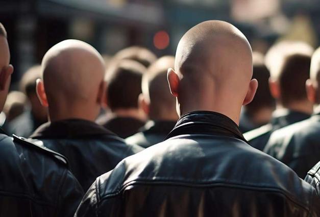 Rear view of a group of bald men wearing leather jackets
