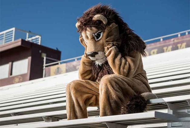 Sad dejected sports team lion mascot laments on bleachers