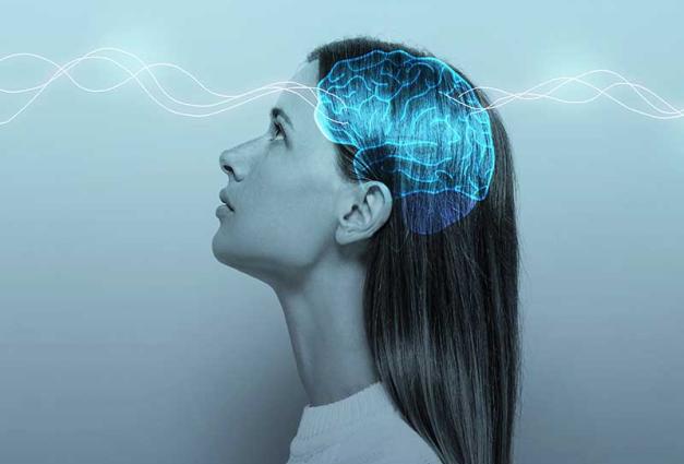 Woman with brainwaves flowing through her head