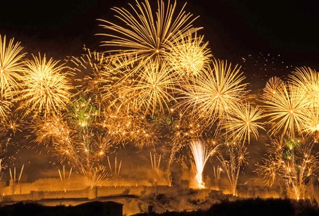 Gold-colored fireworks display against black sky