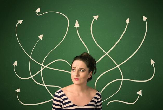 Image of a confused woman with wavy-lined arrows emanating from her body