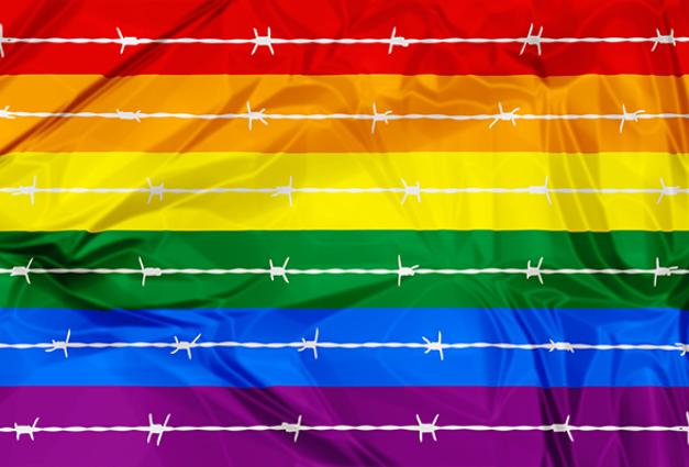 Image of Gay Pride flag with barbed wire superimposed on top of it