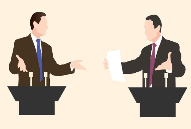 Image of two businessmen at podiums debating