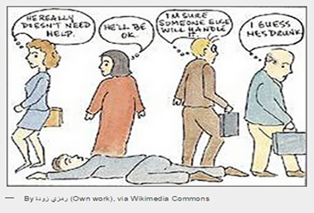 Cartoon of people not helping a drunk man lying on the ground