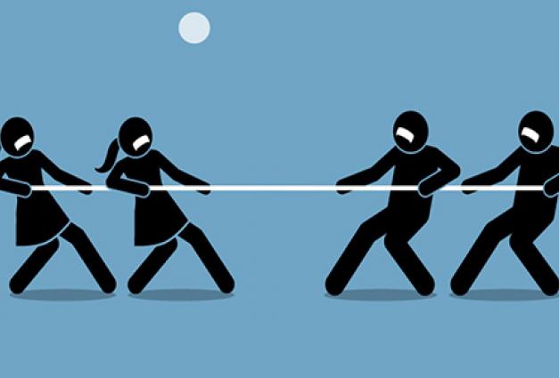 Illustration of two groups of people engaged in a tug of war