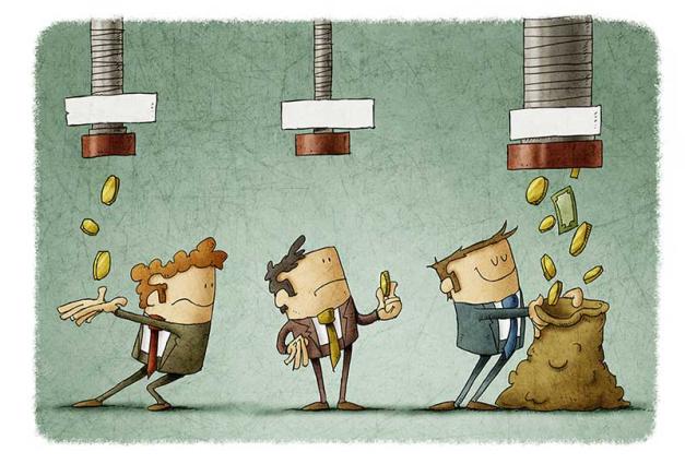cartoon of three businessmen receiving the money that falls from three pipes in different amounts.