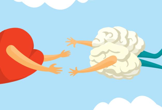Illustration of a personified heart and brain reaching for each other, swinging from a trapeze