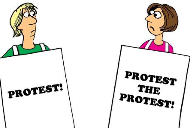 Illustration of man and woman looking at each other holding signs that say "Protest!" and "Protest the protest!"