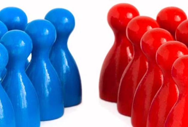 Rows of blue and red tokens face each other over a white background