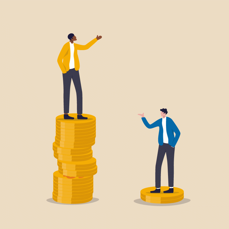 illustration of two men standing on stacks of coins. One stack of coins is higher than the other. 