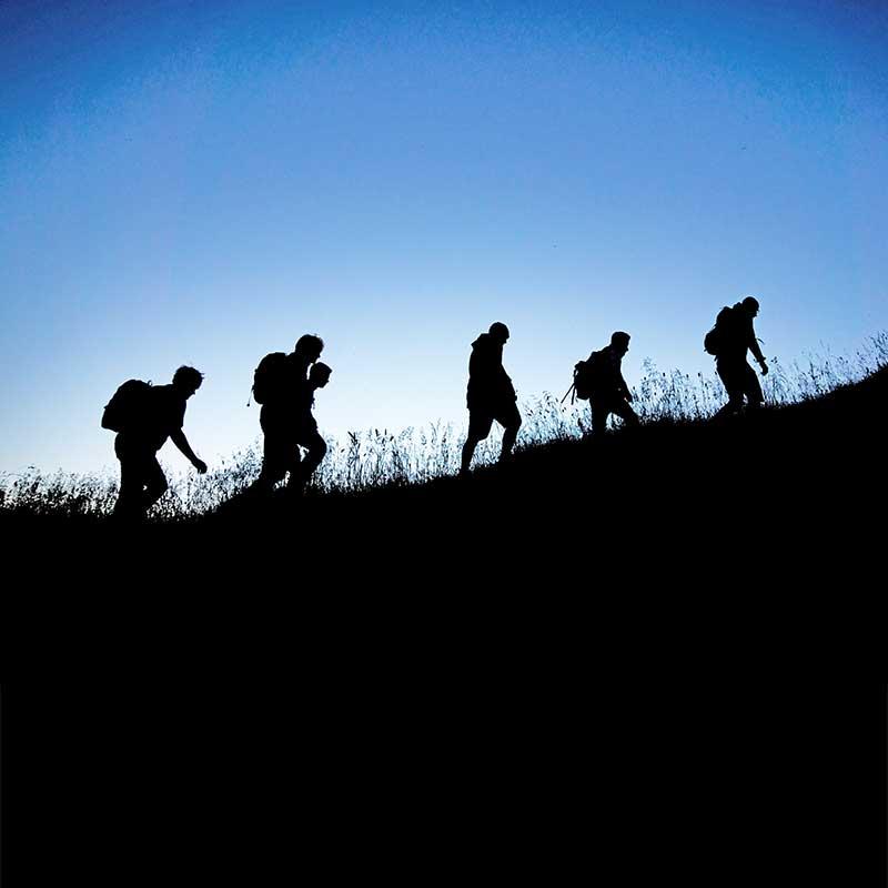 Silhouette of group of people hiking up a hill