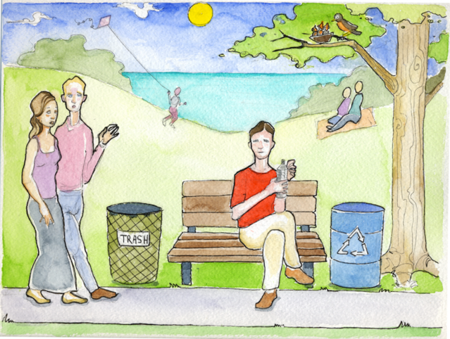 Illustration of a park with a man sitting on a bench between a recycling container and a trash container