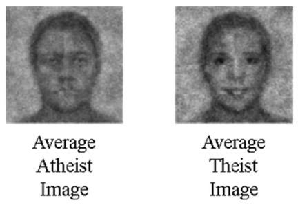 Two images of faces, left image "Average Atheist Image," right image "Average Theist Image"
