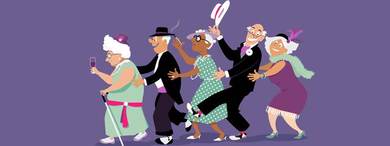 Illustration of older men and women dancing in a line