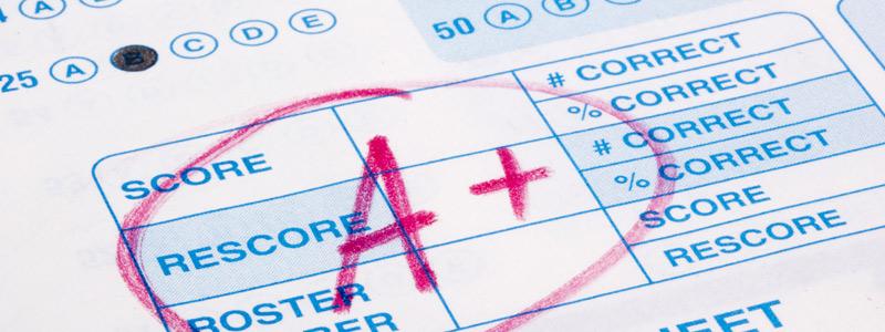Image of test scantron sheet filled out and marked up with red text "A+" on it