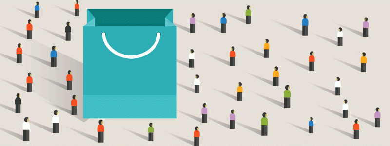 illustration of large gift bag with many people surrounding it