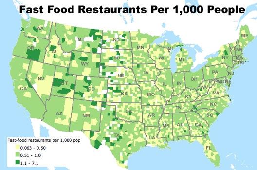 Image of map showing food restaurants per 1,000 people in the US